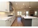 Open concept kitchen with island, white cabinets, and marble countertops at 1129 Red Oak Blvd, Loganville, GA 30052