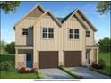 Rendering of a tan colored duplex with a well-manicured lawn and dual garages at 3136-B Brownstone Se Ln, Atlanta, GA 30354