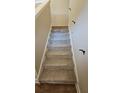 Carpeted stairs feature white risers and black hardware accents, with plastic tread protection for a pristine look at 724 Vinson Mountain Crossing Rd, Rockmart, GA 30153