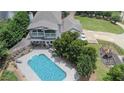 An aerial view showcasing a house, pool, pergola, and playground in the backyard at 695 Old Peachtree Rd, Lawrenceville, GA 30043