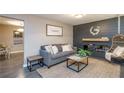 Cozy living room featuring a gray sofa, fireplace, and hanging chair at 4948 Emmett Still Rd, Loganville, GA 30052