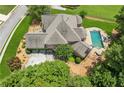 An aerial view showcases the home's roof, expansive backyard, and in-ground pool at 3215 Kylee Dawn Cir, Lawrenceville, GA 30045