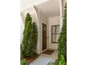 Inviting front entrance with a brown door, two evergreen trees, and a small welcome mat at 770 Grove Bnd, Decatur, GA 30030