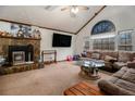 Spacious living room with stone fireplace and vaulted ceiling at 1275 Poole Bridge Rd, Hiram, GA 30141