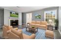 Bright living room featuring hardwood floors, large windows, a fireplace, and comfortable seating at 113 Rue Fontaine # 113, Lithonia, GA 30038