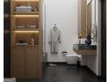 Spa-like bathroom with floating vanity and built-in shelving at 6305 Shannon Pkwy # 202, Union City, GA 30291