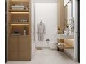 Spa-like bathroom with floating vanity and built-in shelving at 6305 Shannon Pkwy # 112, Union City, GA 30291