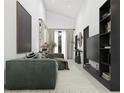 Spacious living room with green sofa and large TV at 6305 Shannon Pkwy # 112, Union City, GA 30291