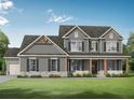 Exterior elevation showing the home with gray siding, white trim, covered porch and manicured lawn at 1257 Pj East Rd, Covington, GA 30014