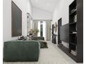 Spacious living room with green sofa, large TV, and stylish decor at 6305 Shannon Pkwy # 201, Union City, GA 30291