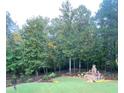 A beautiful backyard featuring an outdoor fireplace and a lush, landscaped area surrounded by tall trees at 115 Hedgewood Ln, Canton, GA 30115