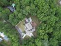 Stunning aerial view of a home surrounded by lush greenery, featuring a private pool and serene setting at 201 Windflower Ct, Canton, GA 30115