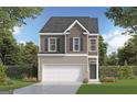 Two-story home with gray siding, a white garage door, and landscaping at 301 Sound Cir, Stockbridge, GA 30281