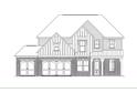 Blueprint of a two-story home with a double garage, featuring a brick and white facade at 679 Crest Line Trl, Powder Springs, GA 30127