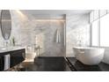 Elegant bathroom featuring marble walls, a freestanding tub, a modern vanity, and sleek fixtures at 1825 Wellbourne Ne Dr, Atlanta, GA 30324