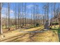 Expansive backyard featuring a wooden staircase leading down to a pathway and secluded seating area near the property's wood line at 775 River Cliff Ct, Suwanee, GA 30024