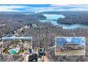 Aerial view of home showcasing lake views, private pool, and landscaped yard with wooded surroundings at 6225 Leeward Tide Ct, Cumming, GA 30041