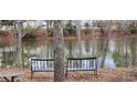 Backyard view of a peaceful pond surrounded by trees and featuring a picnic table and seating for relaxing outdoors at 2453 Wall Se St, Conyers, GA 30013