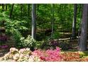 Lush backyard with mature trees, a wooden fence, and vibrant pink azaleas adding a touch of color at 6435 Ivey Creek Cir, Cumming, GA 30040