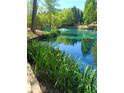 Scenic view of the lake with a fountain, bordered by lush greenery and a stone-lined edge at 150 Stone Pond Ln, Johns Creek, GA 30022