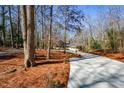 Exterior view of the home showcasing the long driveway, mature trees and landscaping in a wooded setting at 100 Silverbell Ct, Roswell, GA 30075