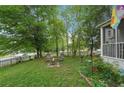 The backyard features mature trees, green lawn, and a fire pit with chairs at 1610 Elm Ne St, Conyers, GA 30012