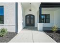 Arched black double front door with decorative ironwork and a charming light fixture at 3825 Hall Rd, Dacula, GA 30019