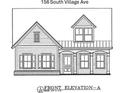 Exterior elevation blueprint of new home construction featuring a gable roof, front porch and symmetrical facade at 160 South Village Ave, Holly Springs, GA 30115