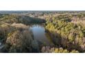 Scenic aerial view of wooded property featuring a tranquil pond at 3897 Allsborough Dr, Tucker, GA 30084