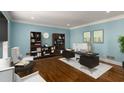 Bright home office with wood floors, built-in shelving, and modern furnishings at 355 Highlands Trce, Roswell, GA 30075