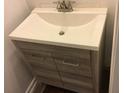Modern bathroom vanity with a white sink and sleek gray wood grain cabinetry at 1466 Andrews Nw St, Atlanta, GA 30314