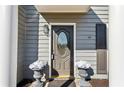 Close-up of the front door, featuring a decorative glass insert, sidelight, and lovely potted plants at 3185 Perch Sw Dr, Marietta, GA 30008