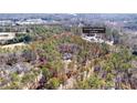 Aerial view showcasing a house sitting on a large, wooded 4.8-acre lot, outlined with approximate lot lines at 105 Leisure Trl, Peachtree City, GA 30269