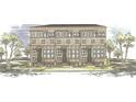 Architectural rendering of a three-story townhouse with brick facade, windows, and well-manicured landscaping at 003 White St # 3, Marietta, GA 30060