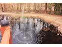Landscaped backyard pond with fountain feature surrounded by lush foliage at 3527 Kellogg Creek Rd, Acworth, GA 30102