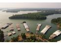 Stunning aerial view of lake community with boat docks surrounded by lush trees, a serene and picturesque landscape at 508 Healy Dr # 70, Cumming, GA 30040