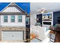 View of the garage and upper story, plus the living room inside with a fireplace at 269 Whitetail Cir, Canton, GA 30115
