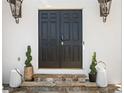 Elegant black double front doors flanked by decorative lanterns and manicured topiaries at 4349 Highborne Ne Dr, Marietta, GA 30066