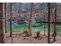 Secluded lake view featuring a private dock and two Adirondack chairs resting near the water's edge at 6880 Nantucket Cv, Cumming, GA 30041