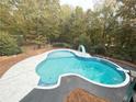 Backyard view of a private in-ground pool and patio area surrounded by lush greenery and mature trees at 880 Streamside Dr, Mcdonough, GA 30252