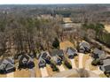 An aerial view displays neighborhood homes and a lush treeline over the community amenities at 2000 Stethem Ferry Rd, Johns Creek, GA 30022