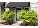 Beautiful townhouse front entrance with blue door, black awning, and green landscaping at 808 Dixie Ne Ave, Atlanta, GA 30307