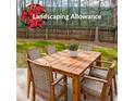 Inviting outdoor wooden table and chairs on a grassy lawn with landscaping allowance sign at 2196 Sandell Sw Trl, Marietta, GA 30008