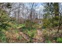 Beautiful home with a stone path winding through a lush garden with various trees, greenery, and spring daffodils at 58 Knox Rd, Powder Springs, GA 30127