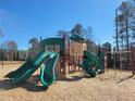 A colorful playground with slides, climbing structures, and a soft ground covering for children to enjoy in community at 121 Oakchase Park Lane, Hampton, GA 30228