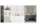 Modern bathroom featuring a freestanding tub, rain shower head, and neutral marble tile design at 1146 Brookhaven Walk Way, Brookhaven, GA 30319