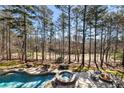 Aerial view of pool, spa, fire pit, and mature trees creates a relaxing backyard retreat at 2250 Blackheath Trce, Alpharetta, GA 30005