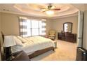 Comfortable main bedroom featuring tray ceilings, carpet, sitting area, dresser and natural light at 1023 Hawk Creek Trl, Lawrenceville, GA 30043