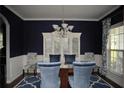 Elegant dining room with dark blue walls, wainscoting, and a modern chandelier at 200 Stone Lake Dr, Dallas, GA 30157