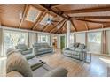 Spacious living room with vaulted wood ceilings, skylights, and comfortable seating at 3085 Remington St, East Point, GA 30344